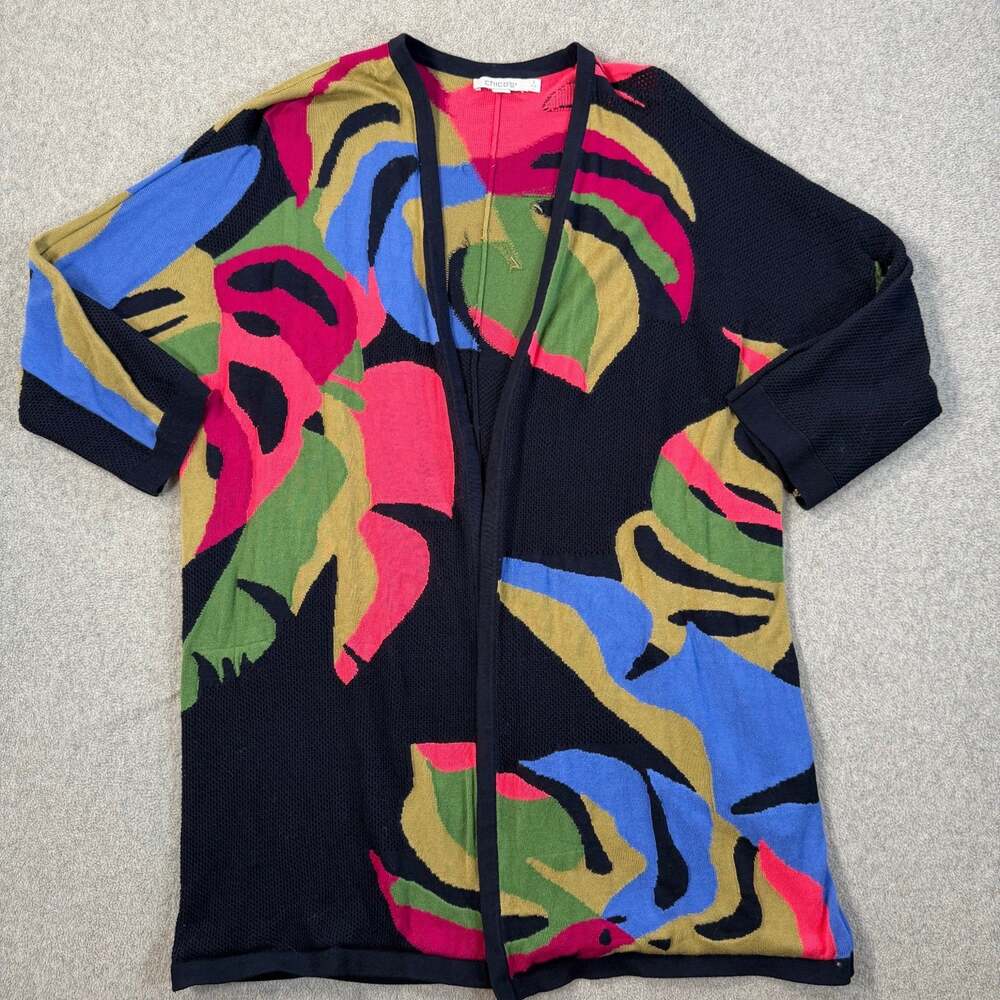 Chico's Women's Size 2 (US L) Navy Multi-Color Abstract Leaf Open Cardigan Knit